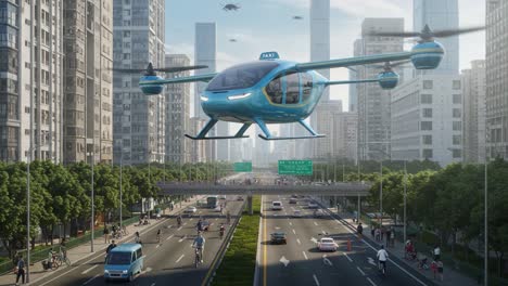 futuristic urban scene depicting a flying taxi hovering above a bustling city street, illustrating the integration of advanced technology in transportation