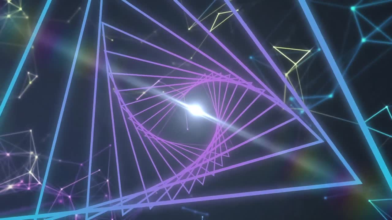 삼각형 모양의 디지털 애니메이션은 연결 네트워크에 대해 원활한 움직임으로 회전합니다.