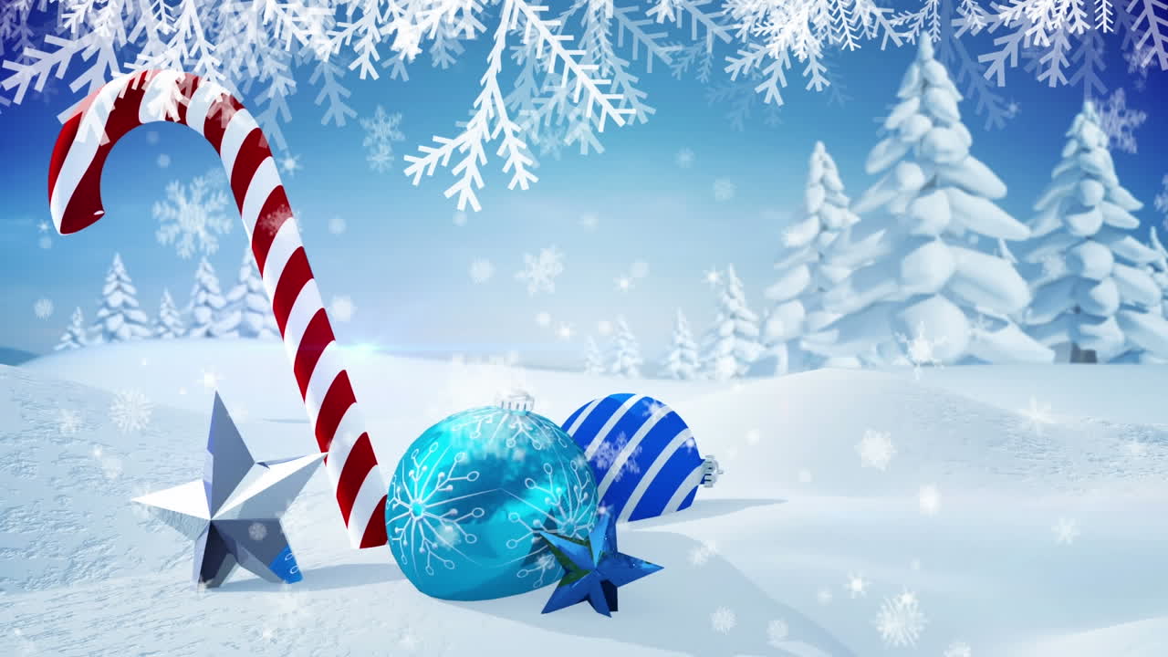 animación de nieve cayendo sobre decoraciones de navidad y paisajes de invierno