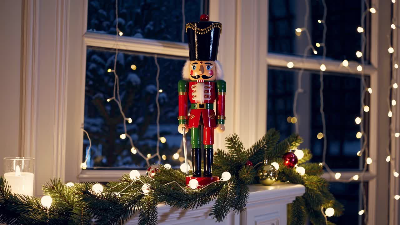 Festive video scene of a nutcracker on a mantel, adorned with string lights and greenery
