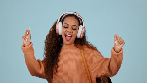 headphones, dancing and happy woman student