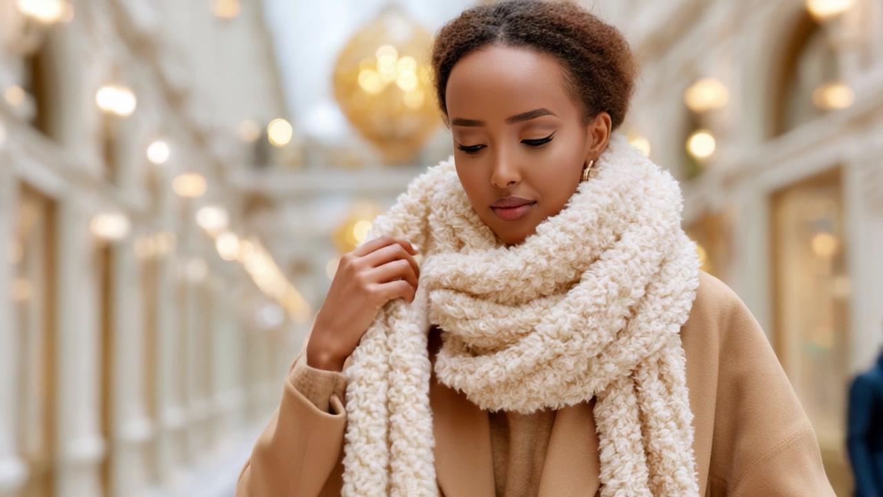 Um Indivíduo Antenado na Moda Exibindo Graciosamente um Conjunto Aconchegante, Apresentando um Elegante Casaco Bege e um Luxuoso Cachecol Creme, Irradiando Elegância em um Ambiente Sofisticado
