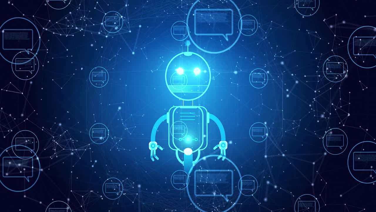 animación del icono de un robot y la interfaz digital sobre fondo azul