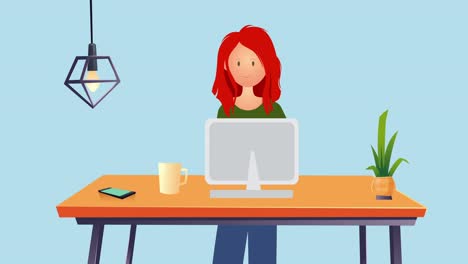 animation of woman using laptop on blue background