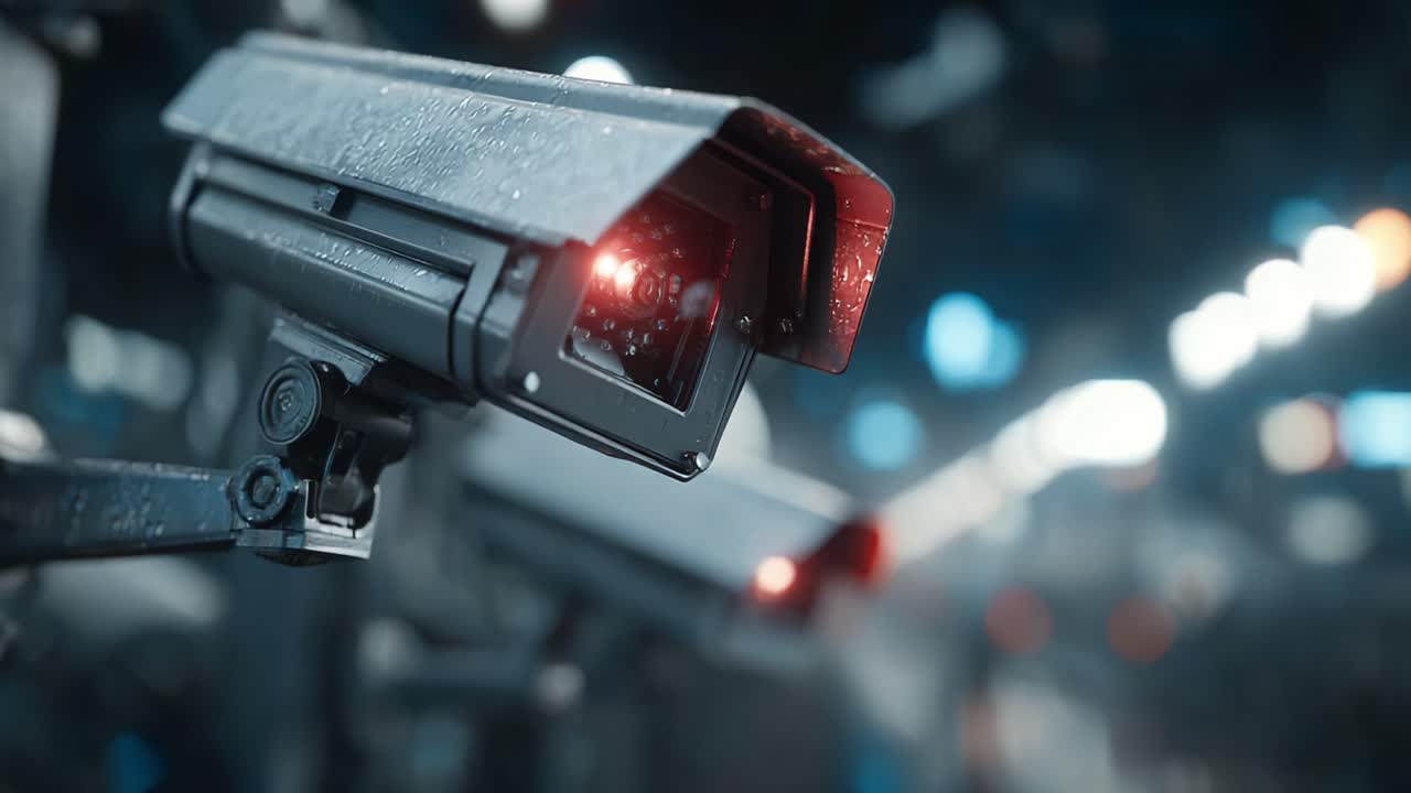 High-Tech Surveillance Cameras Capturing Data in a Futuristic Environment with Blurred Background Lights Highlighting Security Features