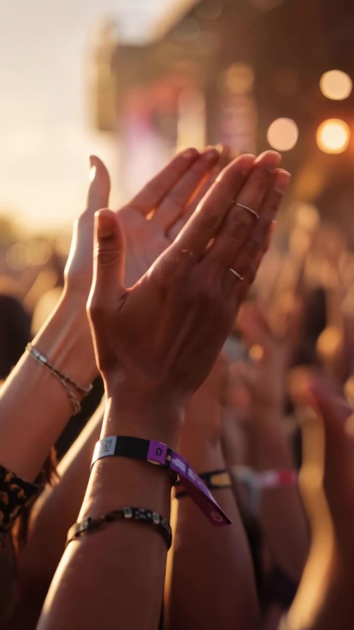 Close-up view of multiple raised hands clapping at outdoor concert or festival during warm golden hour, with hand, clapping, crowd, concert detail, showing festival, audience, wristband, bracelet