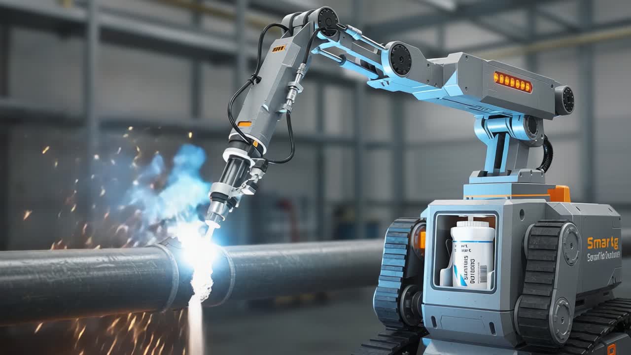 Advanced Robotic Arm Engaged in Industrial Pipe Welding with Precise Laser Technology for Efficient Fabrication and Seamless Metal Joining