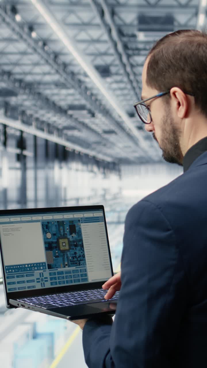 Video verticale: Ingegnere che esamina gli schemi di una fabbrica intelligente di semiconduttori con un laptop