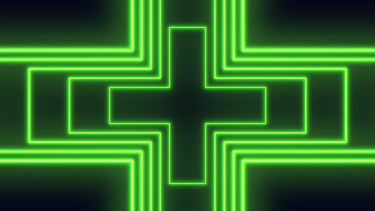 Glowing green neon cross frame on dark background, futuristic light animation
