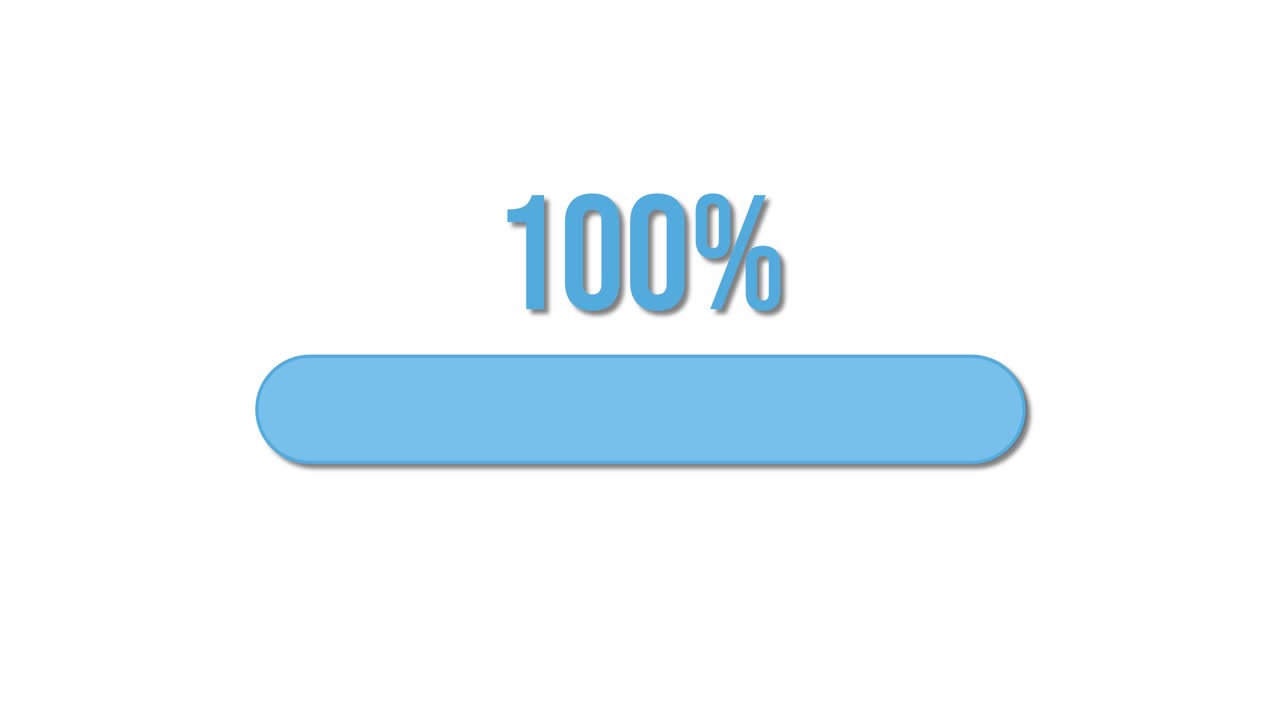 A seamless animation of a blue progress bar filling from 0% to 100% on a white background