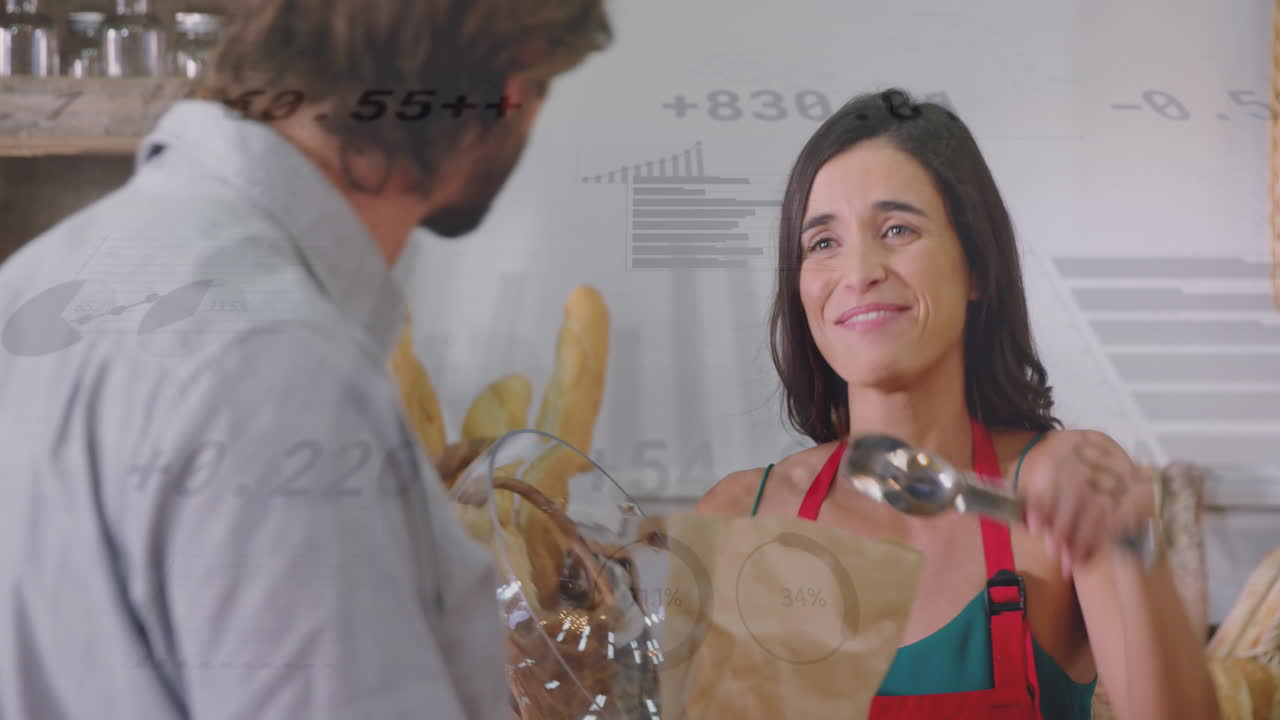 animación del procesamiento de datos financieros sobre el hombre caucásico comprando en la tienda de comestibles