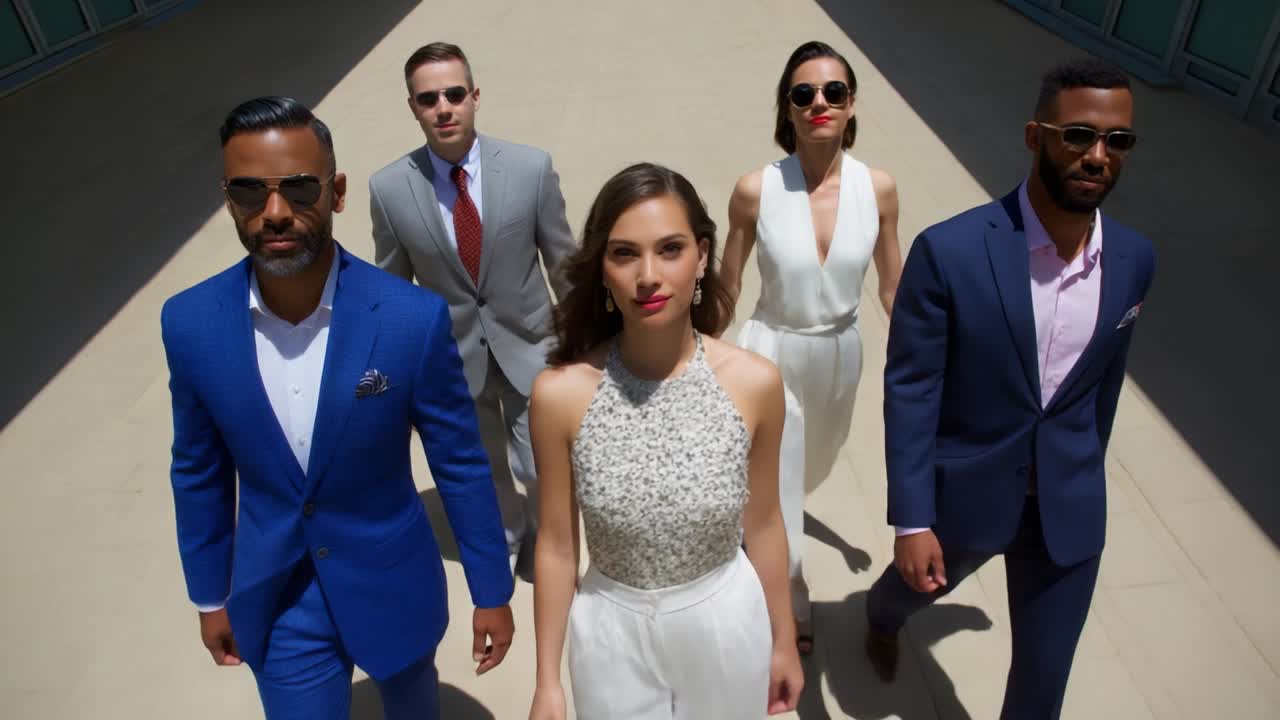 Group of well-dressed people in suits and sunglasses
