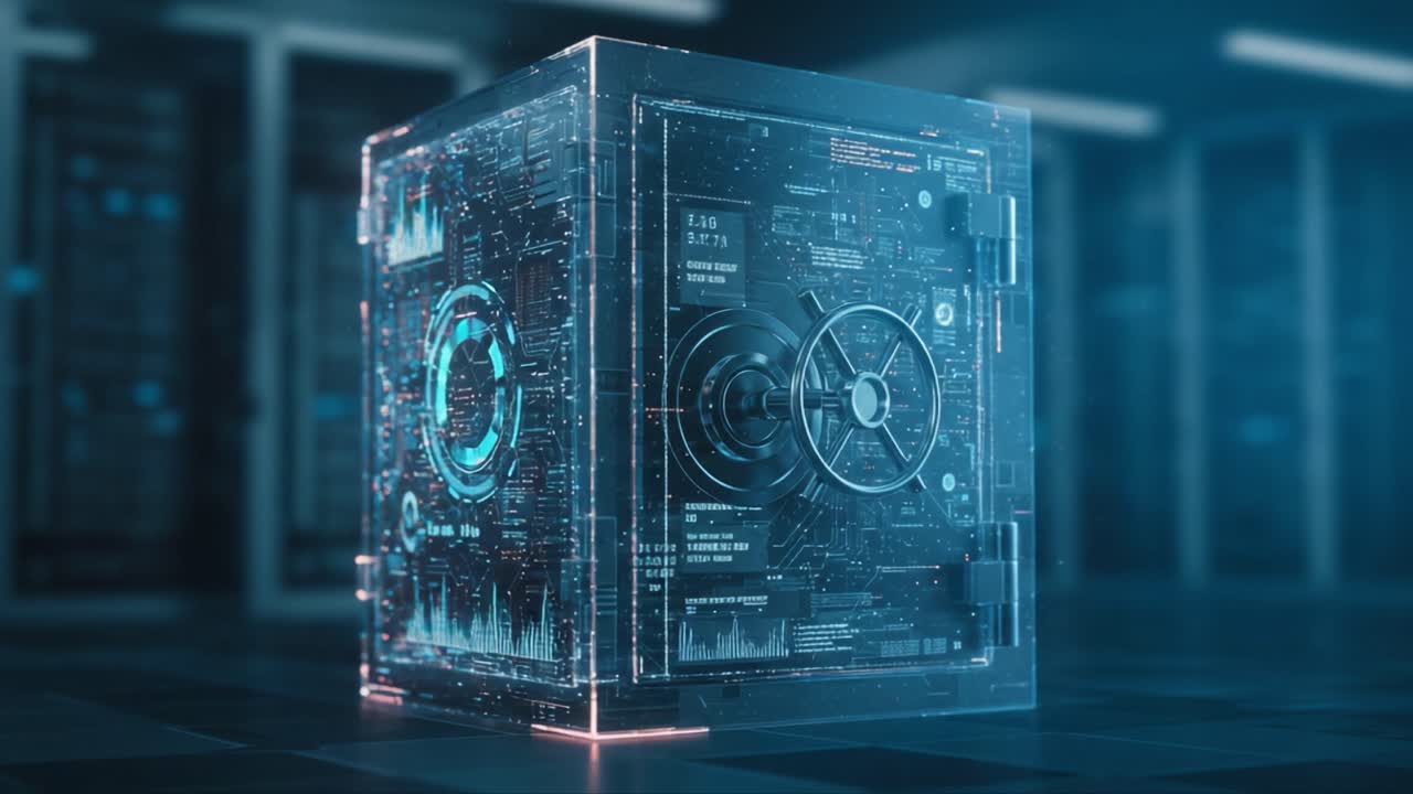 A Modern Digital Safe: The Intersection of Technology and Security, Showcasing Advanced Data Protection and Innovative Designs in a High-Tech Environment