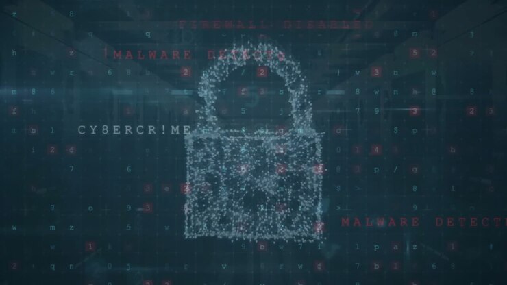 Animation of padlock and virus text with data processing