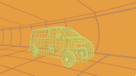 animación de un dibujo de coche en 3d sobre un fondo naranja.