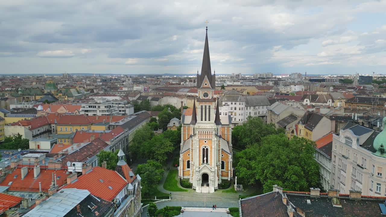 4k drone slowly orbits around the popular St. Francis Church of Assisi Parish, in the city of Budapest, Hungary.