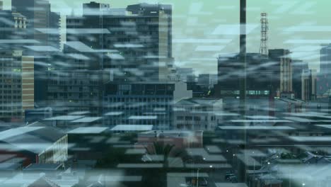 animation of data processing over cityscape