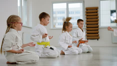 Niños-Arrodillados-En-El-Suelo-En-Clase-De-Artes-Marciales