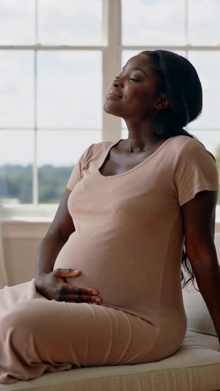 Vertical video: Leaning pregnant woman placing hand on belly after settling on window seat, dress