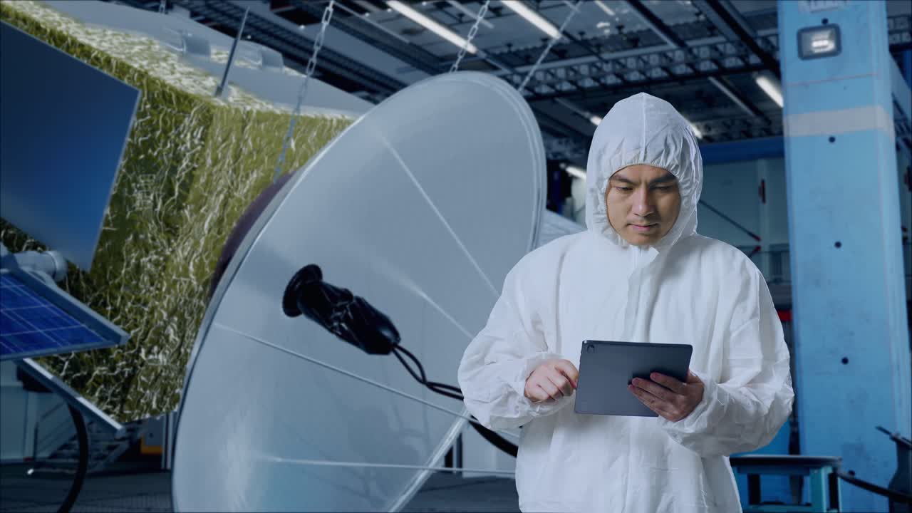 científico masculino asiático usando una tableta y mirando a su alrededor mientras está de pie con la construcción de naves espaciales