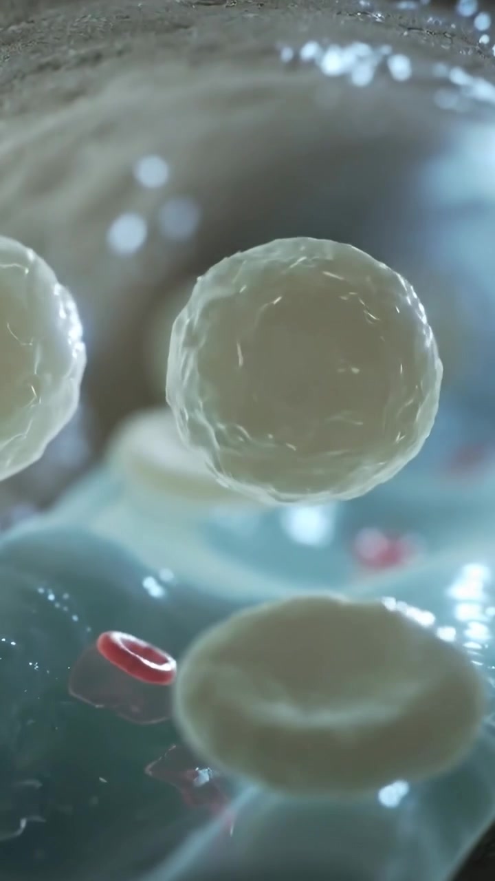 Vertical video: Flowing large pale cells drifting rotating in tube, with red discs by plasma flow