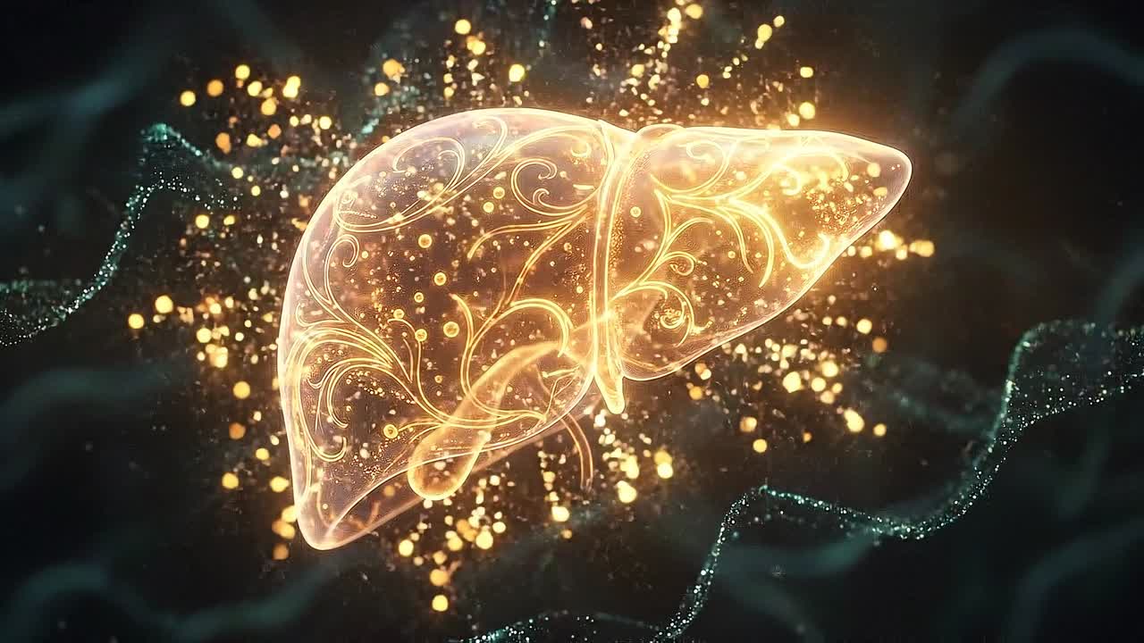 Glowing human liver isolated in dark environment with abstract particles in advanced medical visualization concept