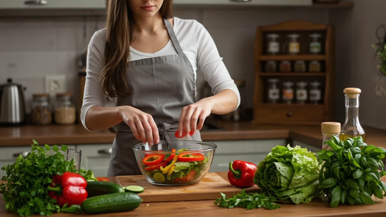A Passionate Cook Preparing a Fresh Salad with Vibrant Vegetables While Embracing the Art of Healthy Culinary Creations in a Cozy Kitchen Environment