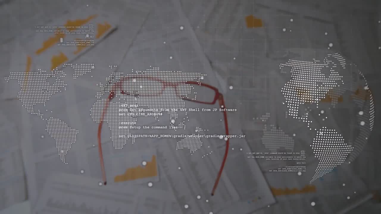 Animation of data processing and world map over documents
