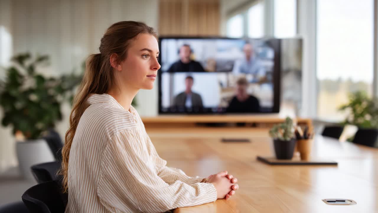 Young professional engaged in a virtual meeting, attentively participating while seated at a modern conference table in a bright, contemporary office environment