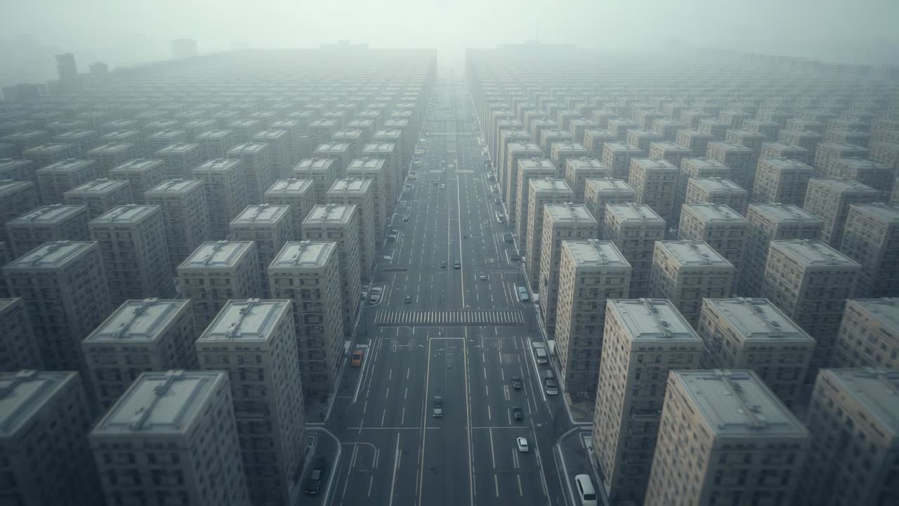 Gliding drone showing multi-lane boulevard with moving vehicles toward hazy horizon, apartment rows