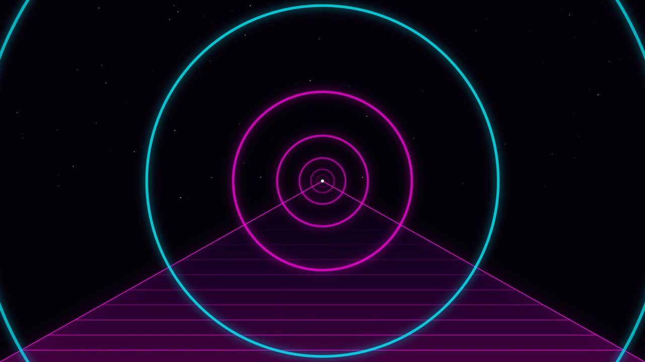Retro Synthwave Style Tunnel with Neon Circles and Grid