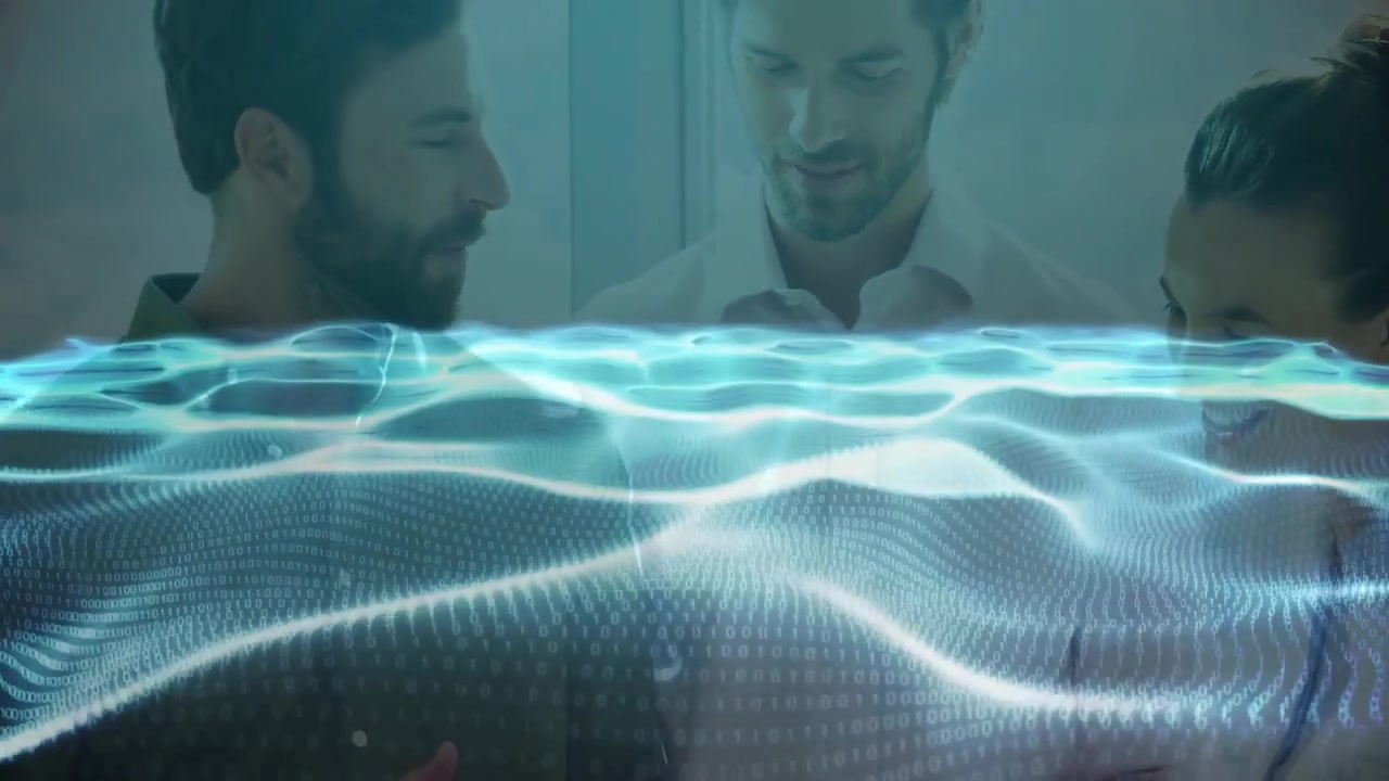Office professionals conversing, activating holographic waveform for business data analysis
