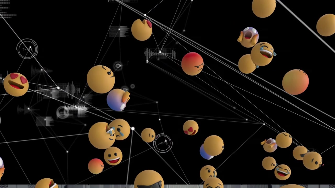 Animation of emoji icons and network of conections over black background