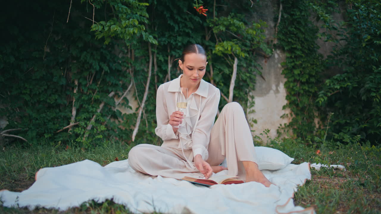 소녀가 책을 읽고 포도주 잔을 들고 피크닉을 하고 있습니다. 초록 잔디에 담요를 앉아있는 여인