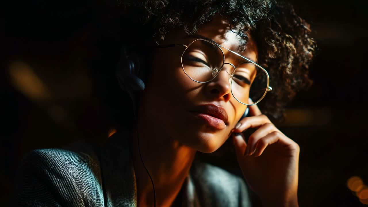 A Thoughtful Woman with Curly Hair and Glasses Listening Intently in a Dimly Lit Environment, Capturing the Essence of Focus and Reflection