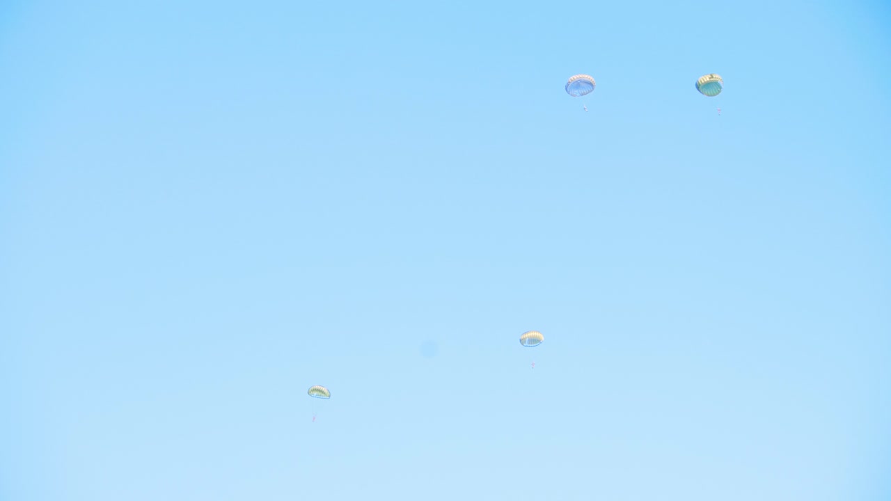 Multiple parachutists descend slowly with round parachutes against a clear blue sky, showcasing a coordinated military exercise. The image captures the simplicity and beauty of skydiving maneuvers.