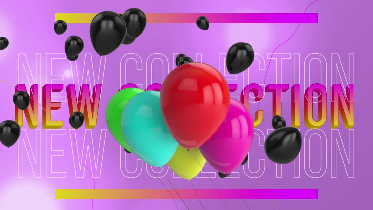 새로운 컬렉션 텍스트 배너에 대한 다채로운 풍선과 검은 풍선의 무리의 애니메이션