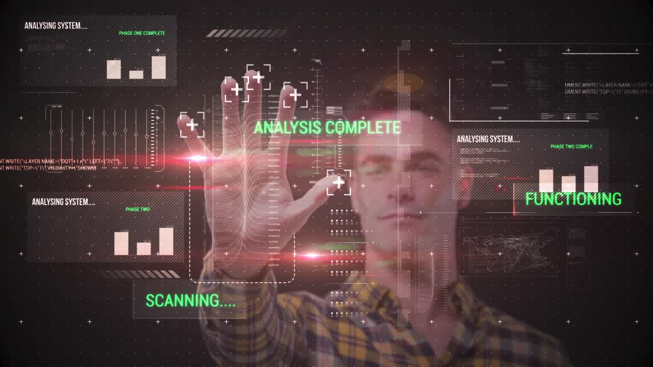 Animation of man touching interactive screen with data processing and scope scanning