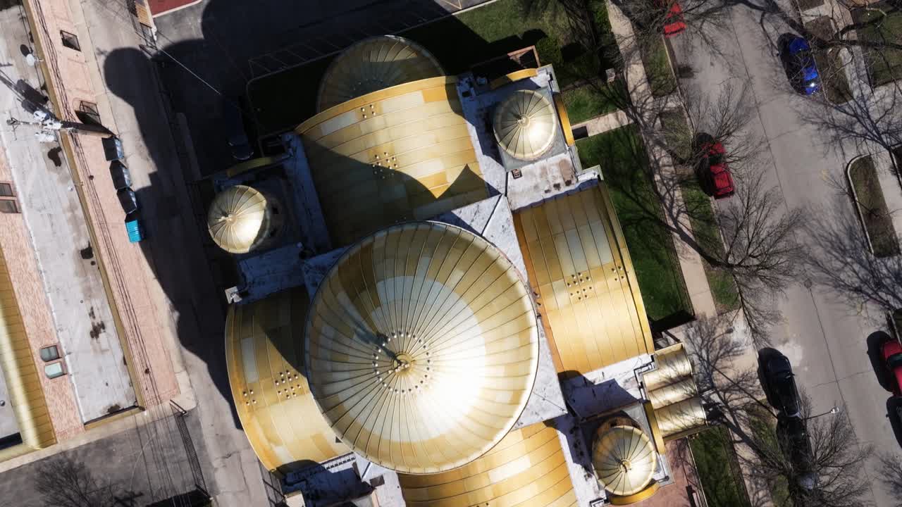 Drone Flies Above Ukrainian Village Orthodox Church. Top Down Aerial View