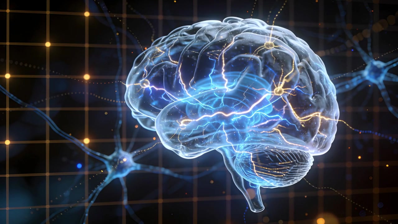 Appearing hologram brain rotating and pulsing in lab with neurons and grid showing neural activity