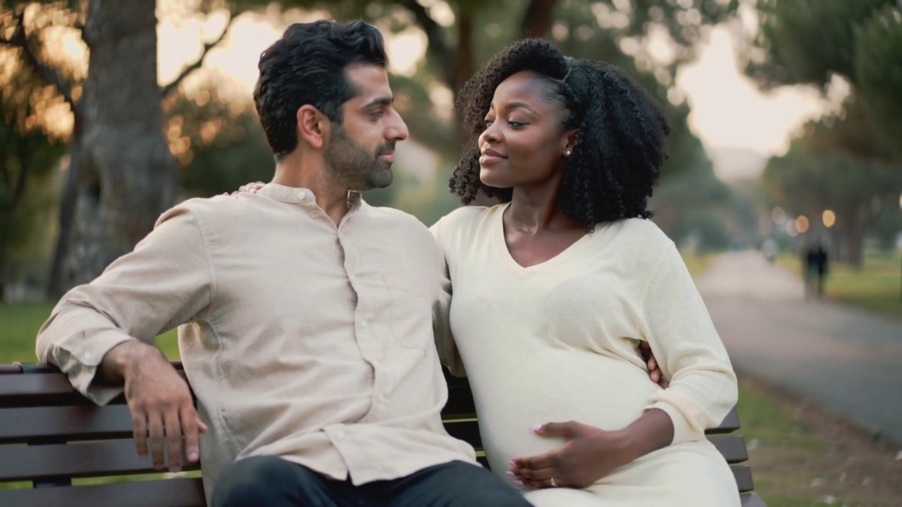 Leaning toward partner, pregnant woman in cream dress sharing smile on park bench with baby bump