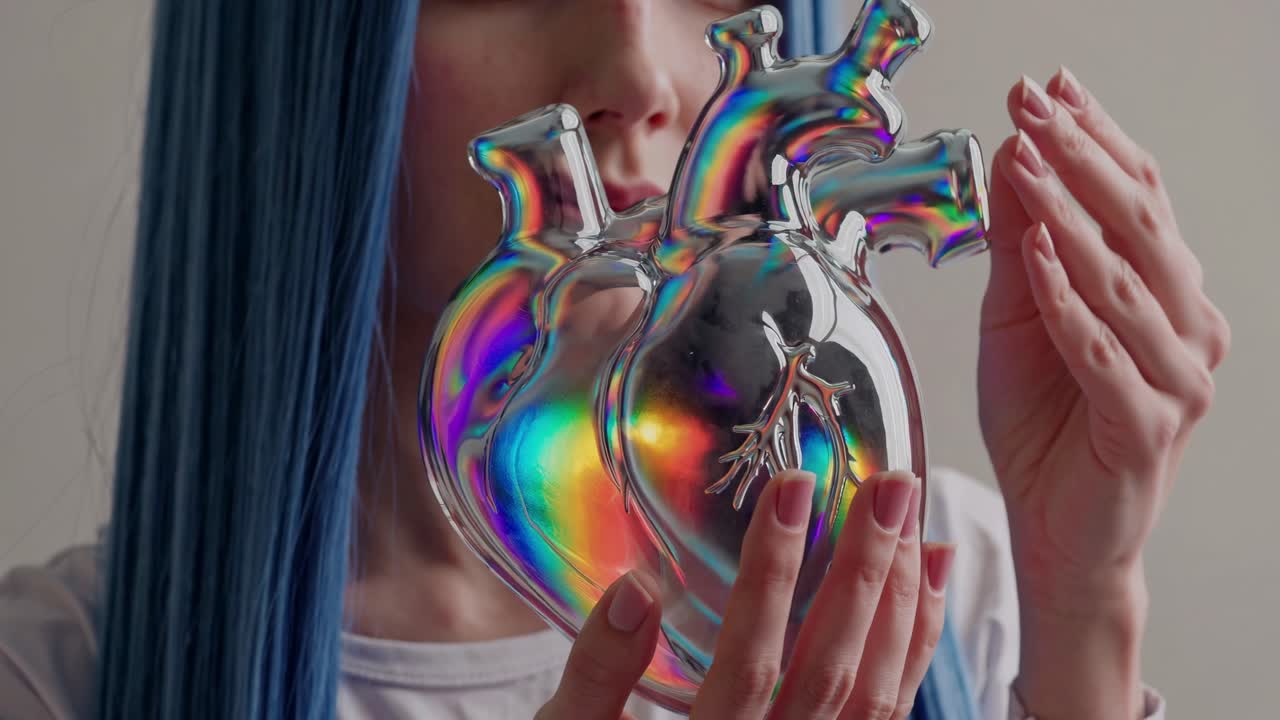 joven mujer deportiva de cabello de color azul delicadamente acunando vidrio translúcido corazón anatómico con vibrantes reflejos iridescentes, encarnando la intrincada conexión entre la ciencia y la emoción