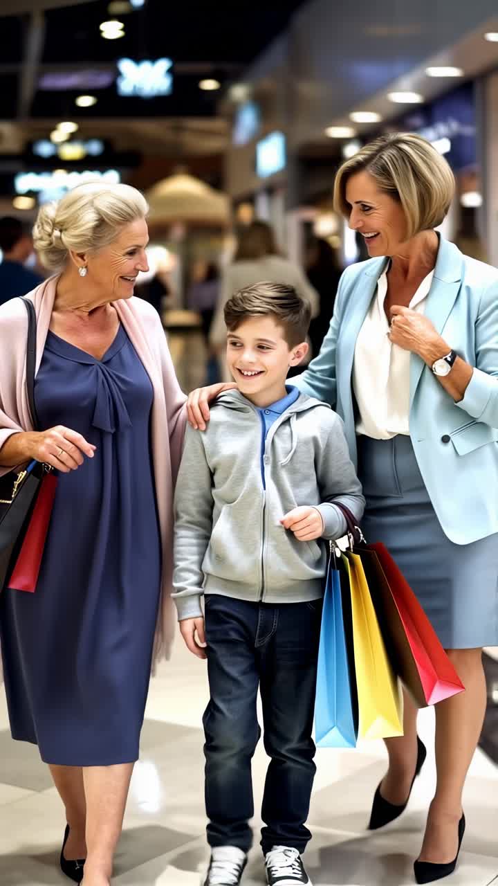 A grandmother, mother and boy are shopping in a mall
