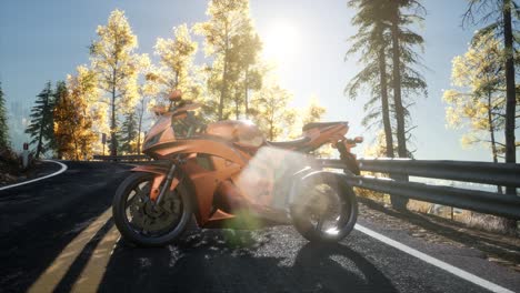 sportbike on tre road in forest with sun beams