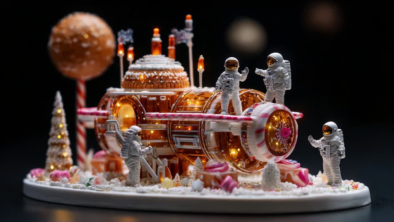 An Enchanting Scene of Astronauts Exploring a Festive Spacecraft Surrounded by Whimsical Holiday Decorations, Candy Cane Elements, and a Surreal Atmosphere of Celebration and Joyful Cheerfulness