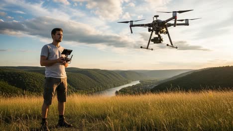 aerial precision: capturing the perfect shot with a drone amidst breathtaking landscapes and scenic views of the tranquil river below during golden hour