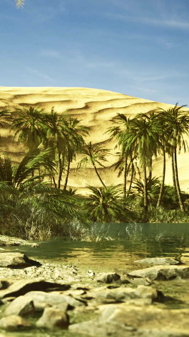Dune di sabbia e palme vicino a uno specchio d'acqua in una località desertica.