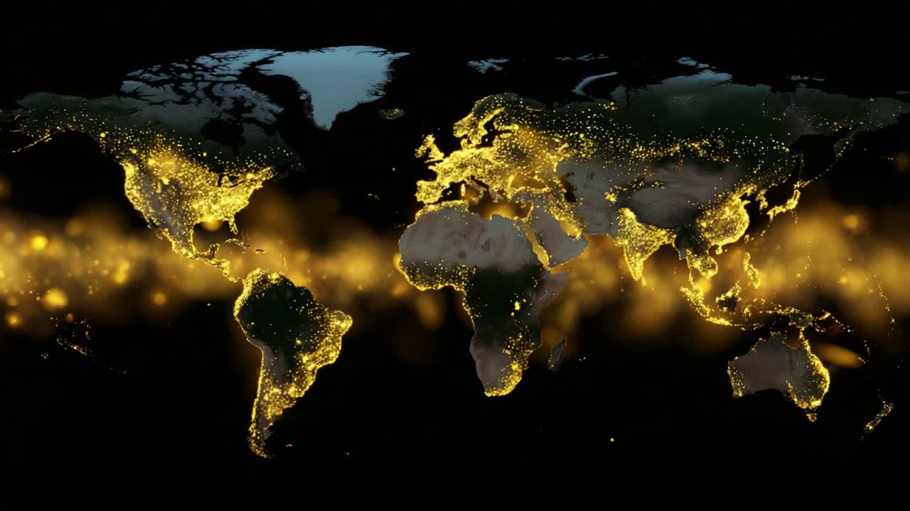 A Bright Representation of Earth: A Visualization of Our Planet Featuring a Stunning Glowing Map of the World with Illuminated Cities and Beautiful Patterns in the Dark Background