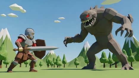 epic confrontation between a heroic warrior and a fearsome monster in a colorful low-poly fantasy landscape under bright cloudy sky