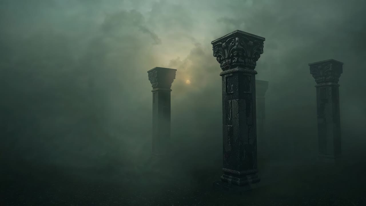 Showing right stone pillar in misty ruin, fog, camera pan exposing relief, warm glow copy space